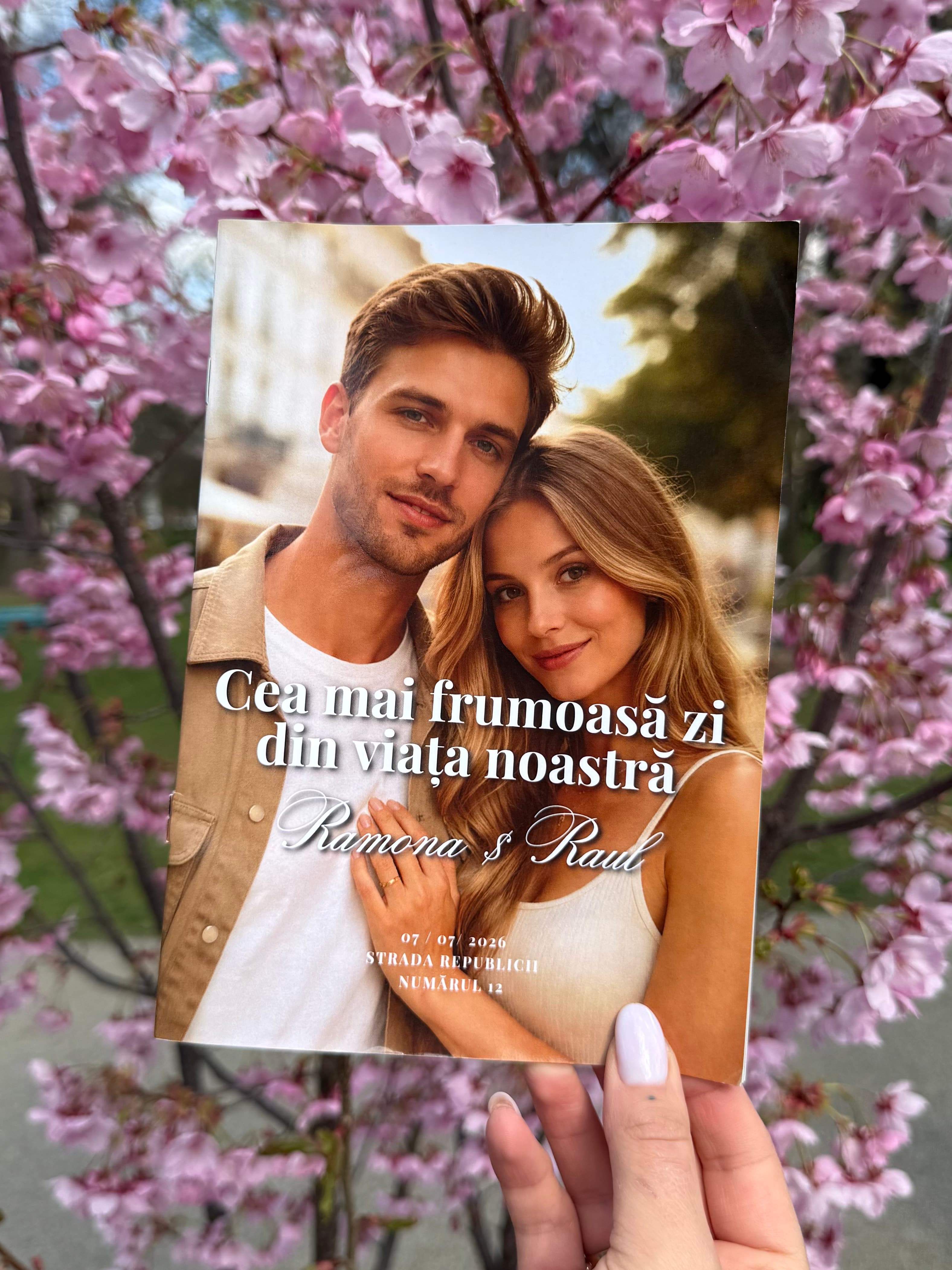 Revista nunții ținută în mâini, la masă.