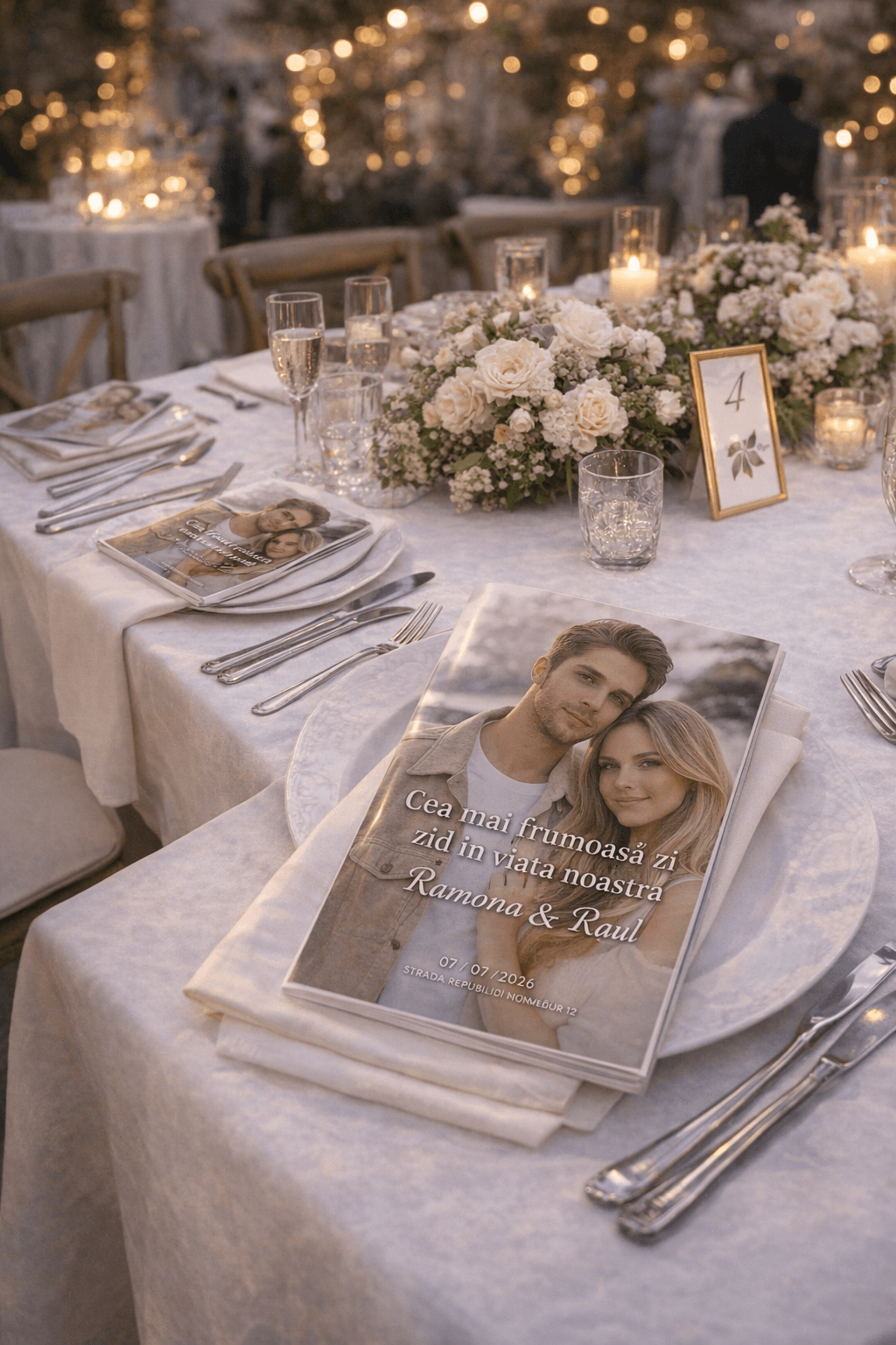 Revista nunții ținută în mâini, la masă.