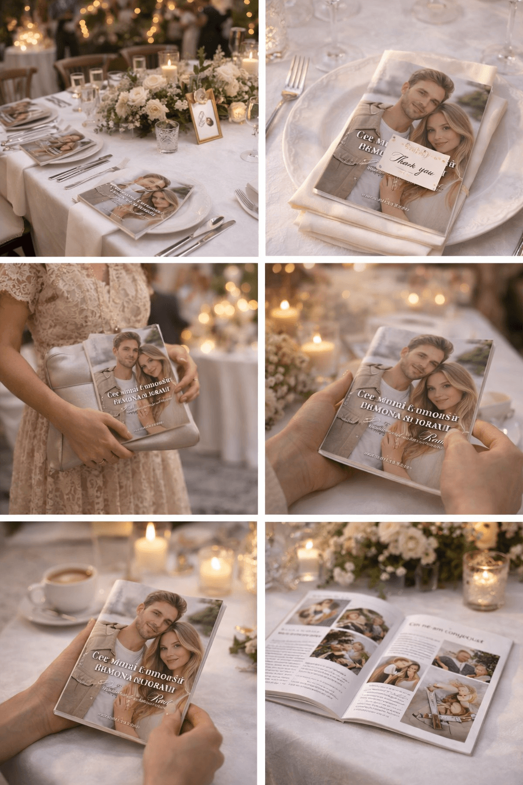 Invitată ținând revista nunții în mână.