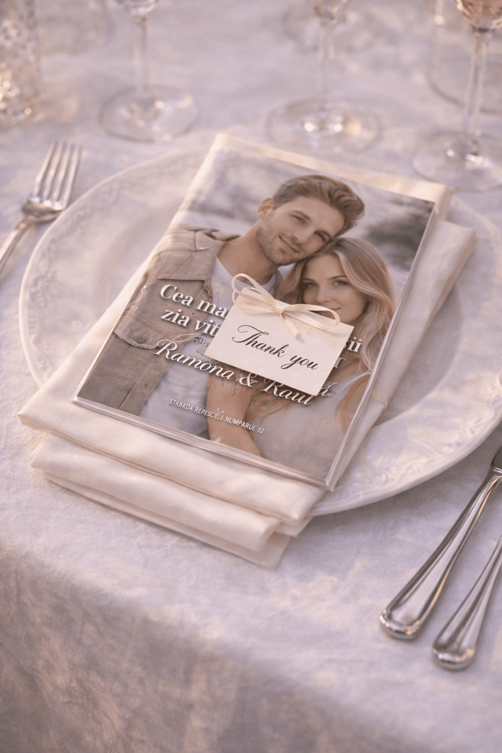 Revista nunții așezată în farfurie, cu eticheta de mulțumire.