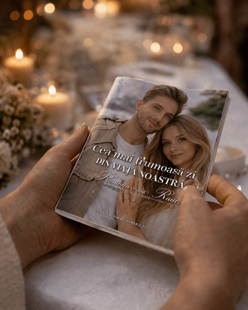 Revista nunții așezată pe masă, în decorul evenimentului.